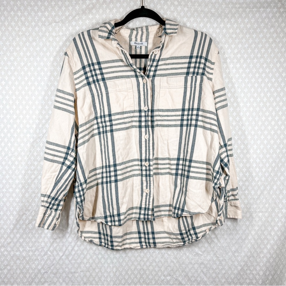 Madewell Cream Blue Plaid Button Down Flannel Top